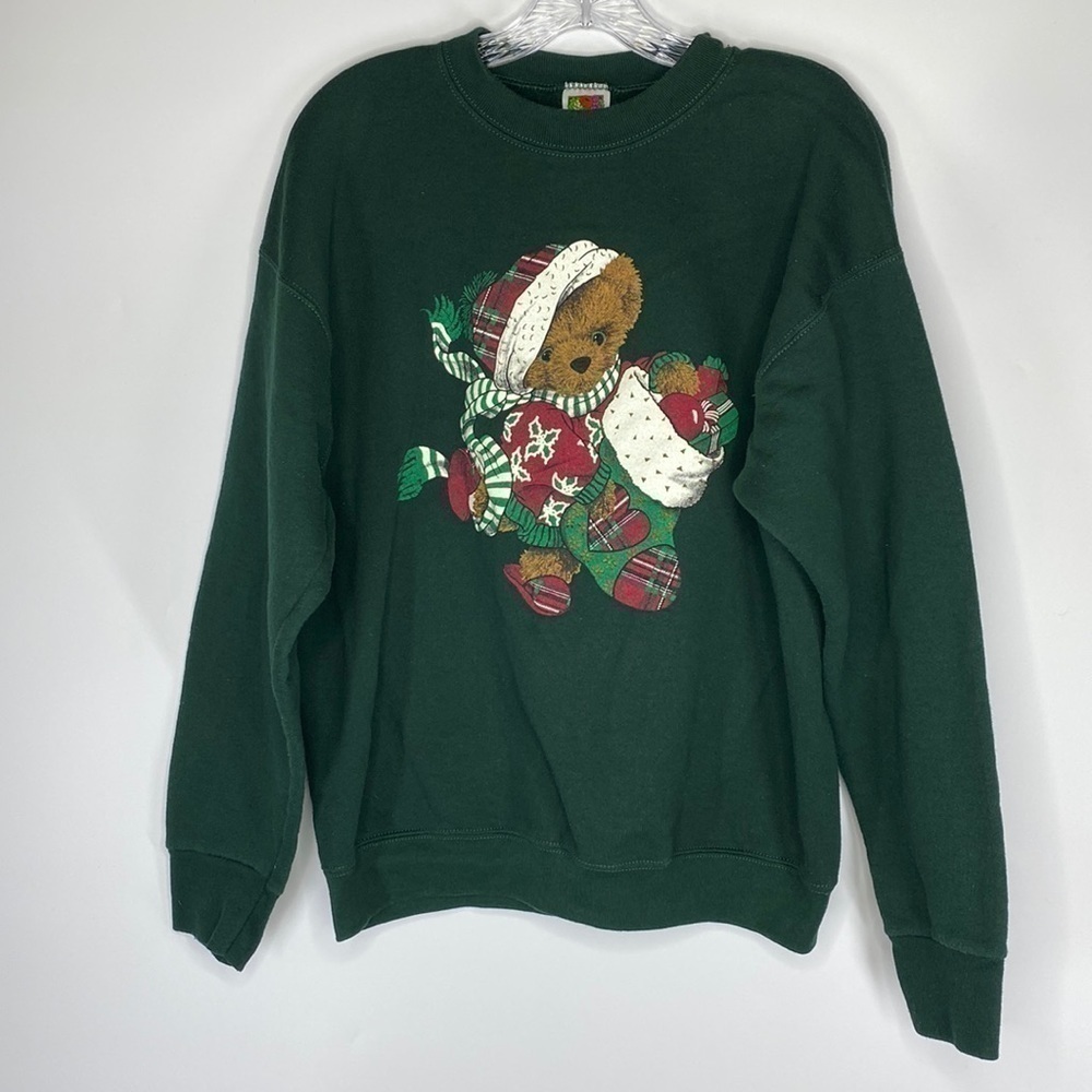 Vintage Fruit Of The Loom Christmas Bear Green Crewneck Sweatshirt Size Large